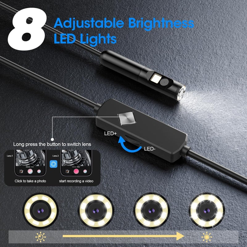 PAPIBLU Endoscope with Light, 1920P HD Borescope with 8 Adjustable LED Lights, 16.4FT Semi-Rigid Snake Camera, IP67 Waterproof Inspection Tool for iPhone & Android - Dual Lens (Black) - Image 3